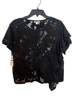 Bar III Womens Boho Sunset Sheer Black Floral Top L Rayon Blend